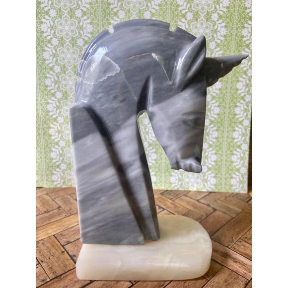 Carved Stone Grey Marbled Unicorn Bookends Set of 2 - Picture 2 of 5